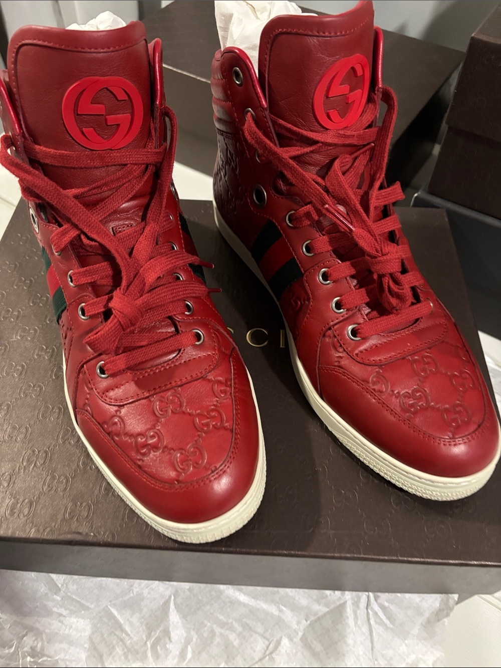 Gucci Red High-Top Leather Men’s Sneakers with Web Stripe